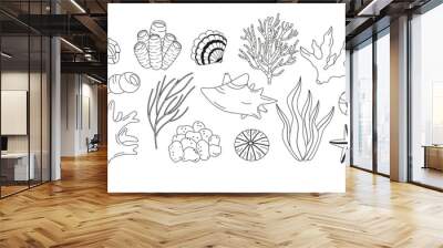 Set of Underwater coral reef and seashells black contour isolated on white background. Marine undersea Thin line elements. Under water flora and fauna for coloring. Flat vector illustration Wall mural