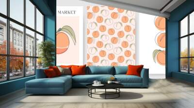 Set of vertical flyer, posters templates with Peach. One Continuous Line Art Design with tropical Fruit. Hand Draw different collection. Simple outline style. Colorful vector illustration.  Wall mural