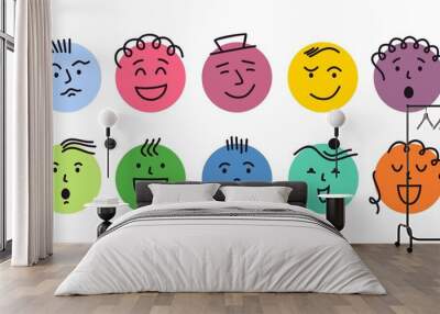 Abstract feeling faces. Round abstract faces with various Emotions. Different colorful characters. Vector illustration. Every face is isolated. Wall mural