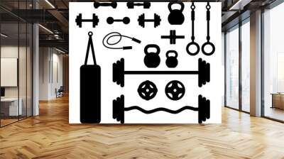 Fitness Accessories Set. Dumbbells, barbell, kettle bell, jump rope, discs, punching bag, sports rings, roller wheel, bumper plates. Home gum set. Wall mural