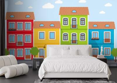 Street. City background . Town scene with row of houses along the street. Vector illustration. Wall mural