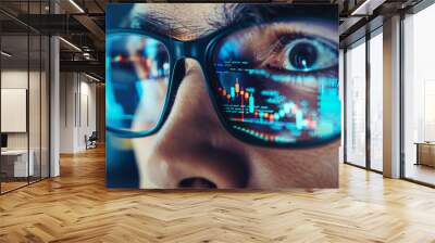 A close-up of an eye reflecting vibrant digital stock market data through glasses. Wall mural