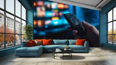 close-up view of a hand holding a television remote control with a blurred television screen in the background, displaying colorful images. Wall mural