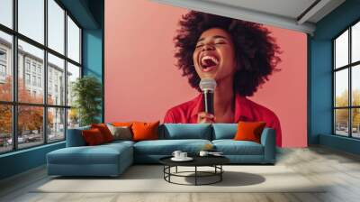 The joyful woman with microphone Wall mural