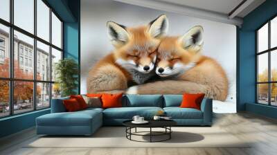 Two Red Fox Kits Snuggling Together in the Snow Wall mural