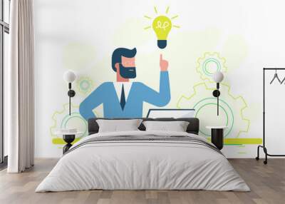 Business man entrepreneur happily having a new bright solution idea at his office desk Wall mural