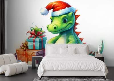 Dragon in christmas hat isolated on white background Wall mural