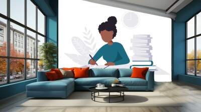 Home office concept, woman working from home, student or freelancer. Black woman studying with books. Woman with books, studying or working concept. Wall mural