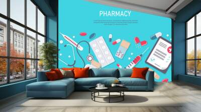 Medicine vector illustration. Pharmacy background, pharmacy desing, pharmacy templates. Medicine, pharmacy, hospital set of drugs with labels. Medication, pharmaceutics concept. Different medical Wall mural