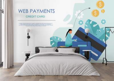 Mobile banking concept illustration of people sitting on credit cards and using mobile smart phone for online banking and accounting. Flat men and women with credit cards Wall mural