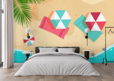 Vector beach with waves, umbrellas, bright towels vector background Wall mural