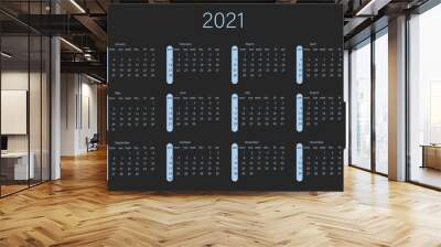 Vector calendar for 2021 year. Day planner the scheduler in this minimalist for print on a black background. Wall mural