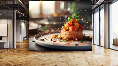 delicious fresh food and seasoning with water splash on plate, studio shoot food Wall mural