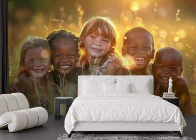 friendship multiethnic children smiling together, Children's Day Wall mural