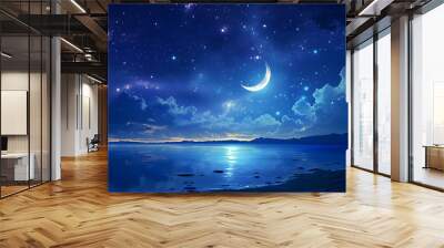 landscape background of mountains over the ocean at night with a crescent moon night sky Wall mural