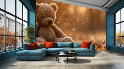 teddy bear sitting in the autumn forest Wall mural