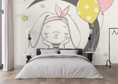 Vector illustration of a cute dreaming bunny girl, sitting on the moon. Wall mural