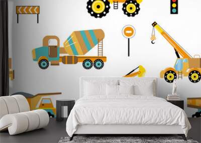 Seamless pattern of construction vehicles. White background, isolate. Icons kids cars for design of children's rooms, clothing, textiles. Wall mural