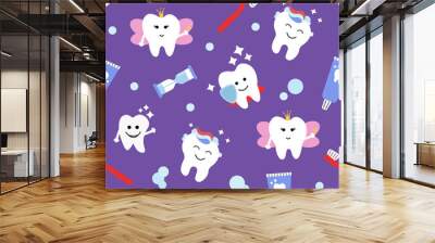 Seamless pattern with cute teeth and objects for dental care on purple background - funny toothpaste, brush, hourglass. Cute Tooth Fairy. Vector illustration. Wall mural