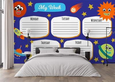 Template of a school schedule for 5 days of the week for students. Includes hand-drawn space  elements.	 Wall mural