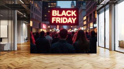 A crowd of people on the street stares at a red blurred neon Black Friday sign. Black Friday sale concept Wall mural