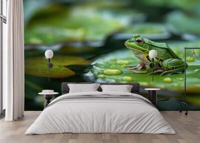 A frog is sitting on a lily pad in a pond. Wild concept Wall mural