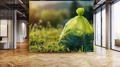 A green garbage bag stands on the grass against the backdrop of a clean park. The concept of an environmentally friendly lifestyle. The concept of caring for the environment  Wall mural