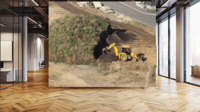 A yellow excavator digs a pile of earth with its bucket  Wall mural