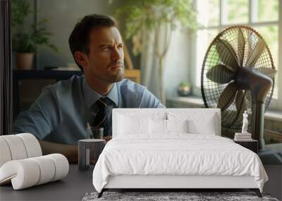 An office worker in a shirt and tie cools off with a fan in a hot office Wall mural