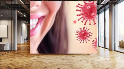 Close-up of a woman with a beautiful smile and viruses flying around. Concept of dentistry and healthy teeth Wall mural