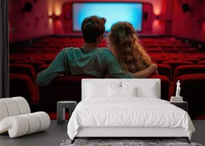 Couple in love watching movie in cinema. Back view of man and woman sitting in cinema hall and looking at screen Wall mural