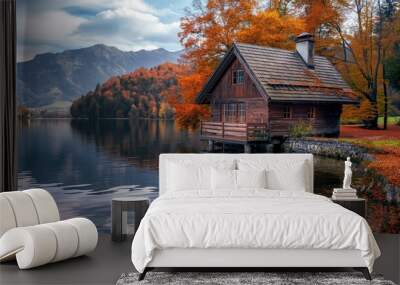 Cozy wooden cottage by the lake in the fall woods. Cozy autumn season concept  Wall mural