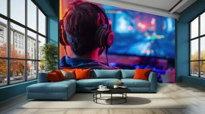 Cyber sport young man gamer wearing headphones playing video game at computer in neon light view from behind. The concept of cybersport Wall mural