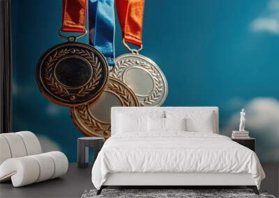 Gold, silver and bronze medals against a blue sky. Champion and winner concept Wall mural