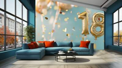 Inflatable foiled golden balloons number 18 on blue background with confetti. 18 years anniversary celebration. Birthday party concept Wall mural