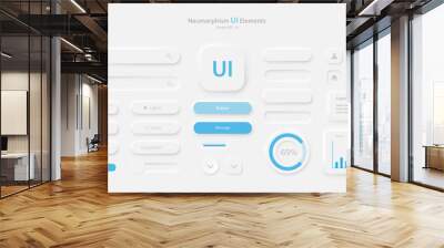 A collection of icons for user interface development in white and light blue. A set of user interface elements for a mobile application. Buttons for mobile devices in the style of neumorphism, UI, UX. Wall mural