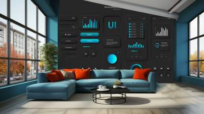 a set of user interface elements for a mobile application in black and blue. user interface icons fo Wall mural