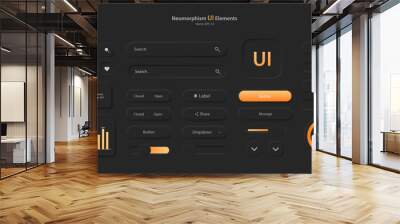 A set of user interface elements for a mobile application. A collection of icons for user interface development in black and orange. Buttons for mobile devices in the style of neumorphism, UI, UX. Wall mural