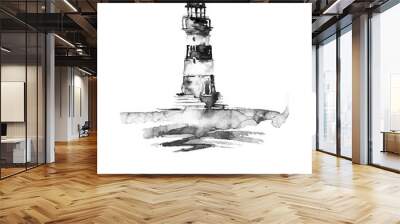 Watercolor illustration of lighthouse. Black and white picture, monochrome, black silhouette. sea landscape. Art illustration, greeting card. Beautiful tower. Wall mural