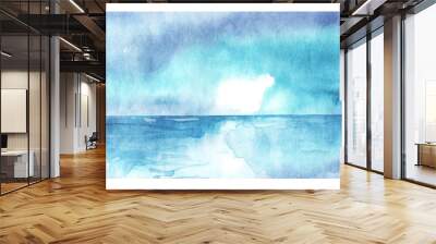 Watercolor seascape. Blue water, sea, ocean, river, skyline and blue sky.
Scenic background for your design. Wall mural