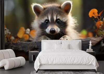 Autumn background with a raccoon, the concept of melancholy and home comfort Wall mural