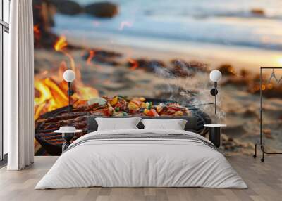 Beachside bbq: grilling delicious skewers with vibrant sunset by the ocean Wall mural