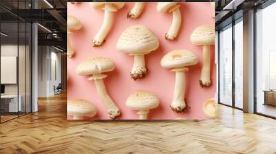 Fresh mushrooms on pink background vegetarian food organic fungi raw ingredient concept Wall mural