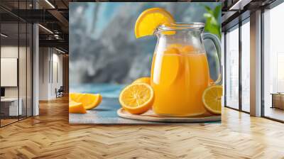 Refreshing orange juice in glass pitcher with fresh citrus slices on blue background Wall mural