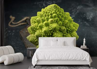 Romanesco broccoli head on a dark stone surface, cabbage, close up, fibonacci sequence, for those who love mathematics Wall mural