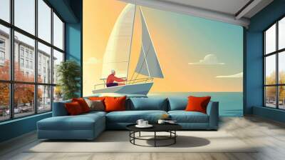 Serene sunset sailing with elderly man on peaceful ocean waters Wall mural