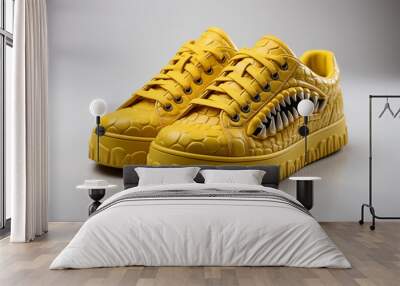 Yellow faux leather sneakers with dragon teeth, trendy color, shoe store Wall mural