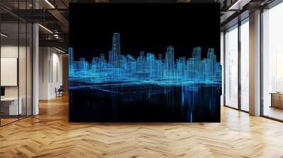 Futuristic city skyline in neon blue outline Wall mural