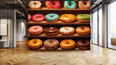 Variety of glazed donuts on display at a pastry shop Wall mural