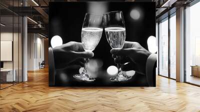 Black and white photo of hands holding champagne glasses in the act of toasting in a restaurant. Wall mural